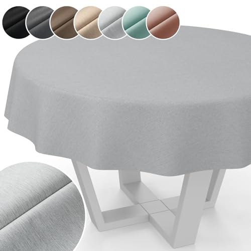 Tischdecke Mila Stoff abwaschbar Tischtuch Tafeldecke Jacquard Teflon beschichtet pflegeleicht Lotuseffekt schmutz- & wasserabweisend Uni Leinenoptik Rund 100cm Schnittkante Pearl von ANRO