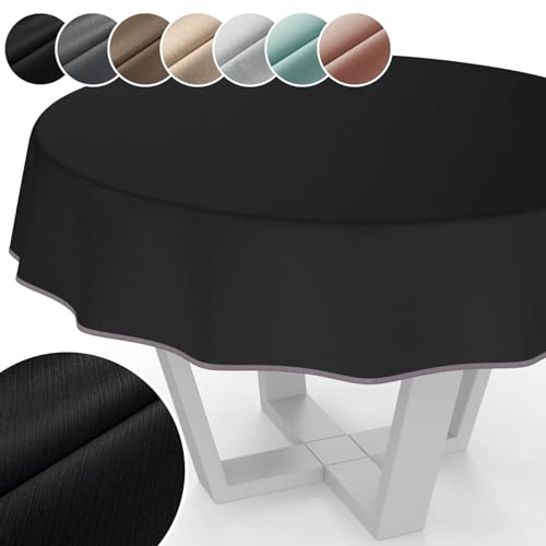 Tischdecke Mila Stoff abwaschbar Tischtuch Tafeldecke Jacquard Teflon beschichtet pflegeleicht Lotuseffekt schmutz- & wasserabweisend Uni Leinenoptik Rund 140cm mit Saum (Eingefasst) Anthrazit von ANRO