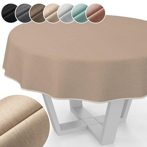 Tischdecke Mila Stoff abwaschbar Tischtuch Tafeldecke Jacquard Teflon beschichtet pflegeleicht Lotuseffekt schmutz- & wasserabweisend Uni Leinenoptik Rund 140cm mit Saum (Eingefasst) Beige von ANRO