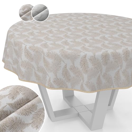 Tischdecke Stoff abwaschbar Lurex Tischtuch Tafeldecke Teflon beschichtet pflegeleicht Lotuseffekt schmutz- & wasserabweisend Kate Floral Blätter Rund 140cm mit Saum (Eingefasst) Gold von ANRO