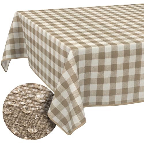 Tischdecke Stoff abwaschbar Tischtuch Tafeldecke pflegeleicht Lotuseffekt schmutz- & wasserabweisend für Indoor Outdoor Tischdecke 100x140cm mit Saum (Eingefasst) Karo Beige von ANRO