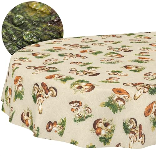 Tischdecke Stoff abwaschbar Tischtuch Tafeldecke pflegeleicht Lotuseffekt schmutz- & wasserabweisend für Indoor Outdoor Tischdecke Oval 180x140cm Schnittkante Pilze von ANRO