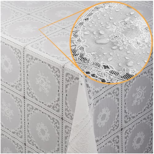 Tischdecke abwaschbar Wachstuch Lace Vinyl Häkel Spitze Optik 120 x 138cm Patchwork Weiß abwischbar von ANRO