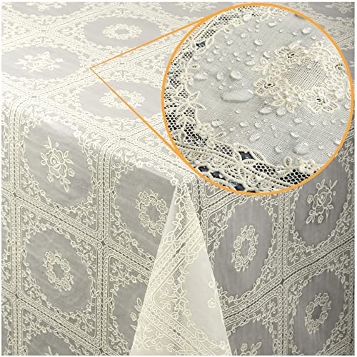 Tischdecke abwaschbar Wachstuch Lace Vinyl Häkel Spitze Optik 140 x 138cm Patchwork Creme abwischbar von ANRO