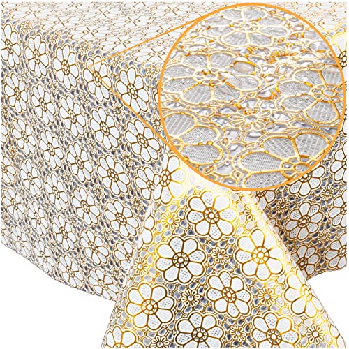 Tischdecke abwaschbar Wachstuch Lace Vinyl Häkel Spitze Optik 160 x 138cm Blumen Gold abwischbar von ANRO