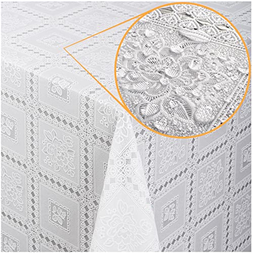 Tischdecke abwaschbar Wachstuch Lace Vinyl Häkel Spitze Optik 280 x 138cm Rosen Weiß Blumen abwischbar von ANRO