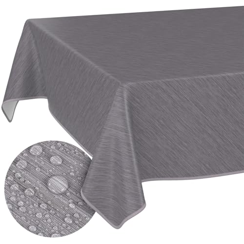 ANRO Tischdecke abwaschbar Wachstuch Wachstuchtischdecke Gartentischdecke Leinen-Optik Pflegeleicht Wasserabweisend 140 x 140 cm (Rechteckig) Grau mit Saum von ANRO