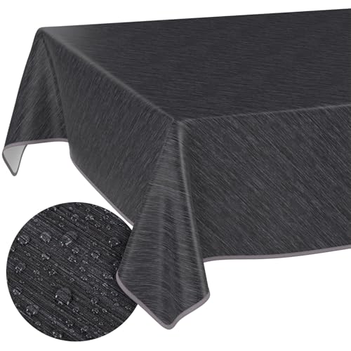 Tischdecke abwaschbar Wachstuch Wachstuchtischdecke Gartentischdecke Leinen-Optik Pflegeleicht Wasserabweisend 200 x 140 cm (Rechteckig) Anthrazit mit Saum von ANRO