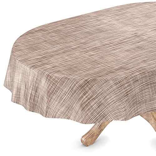 Tischdecke abwaschbar Wachstuch Wachstuchtischdecke Oval 140 x 160cm Schnittkante Leinen Textil Optik Beige Braun Gartentischdecke Wachstuch von ANRO