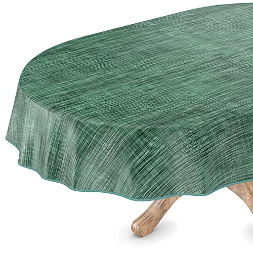 Tischdecke abwaschbar Wachstuch Wachstuchtischdecke Oval 140 x 160cm mit Saum Leinen Textil Optik Dunkelgrün Gartentischdecke Wachstuch von ANRO