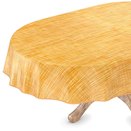 Tischdecke abwaschbar Wachstuch Wachstuchtischdecke Oval 140 x 160cm mit Saum Leinen Textil Optik Gelb Gartentischdecke Wachstuch von ANRO