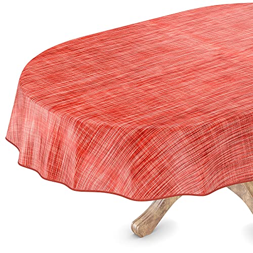 Tischdecke abwaschbar Wachstuch Wachstuchtischdecke Oval 140 x 180cm mit Saum Leinen Textil Optik Rot Gartentischdecke Wachstuch von ANRO