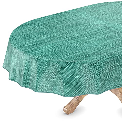 Tischdecke abwaschbar Wachstuch Wachstuchtischdecke Oval 140 x 180cm mit Saum Leinen Textil Optik Türkis Gartentischdecke Wachstuch von ANRO