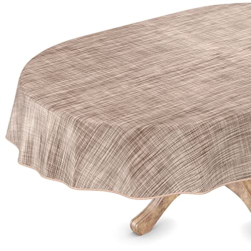 Tischdecke abwaschbar Wachstuch Wachstuchtischdecke Oval 140 x 300cm mit Saum Leinen Textil Optik Beige Braun Gartentischdecke Wachstuch von ANRO