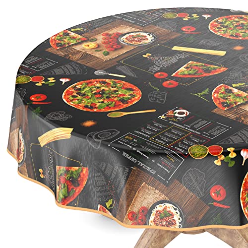 Tischdecke abwaschbar Wachstuch Wachstuchtischdecke Rund 120cm mit Saum Pizza Schwarz pflegeleicht von ANRO