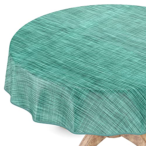 Tischdecke abwaschbar Wachstuch Wachstuchtischdecke Rund 140cm mit Saum Leinen Textil Optik Türkis Gartentischdecke Wachstuch von ANRO