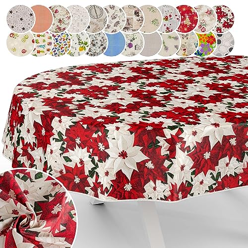 Tischdecke aus Stoff Textil abwaschbar Tischwäsche Tischtuch Baumwolle Polyester Christmas Flower Oval 160x140cm In-/Outdoor Tischdecke von ANRO