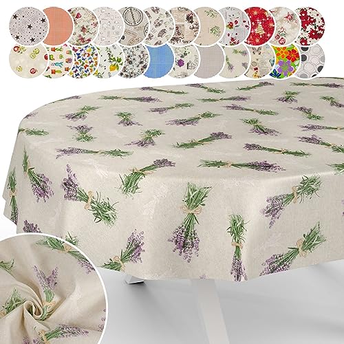 Tischdecke aus Stoff Textil abwaschbar Tischwäsche Tischtuch Baumwolle Polyester Lavender Beige Oval 240x140cm In-/Outdoor Tischdecke von ANRO
