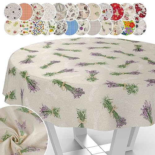 Tischdecke aus Stoff Textil abwaschbar Tischwäsche Tischtuch Baumwolle Polyester Lavender Beige Rund 140cm In-/Outdoor Tischdecke von ANRO