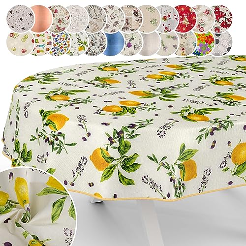 Tischdecke aus Stoff Textil abwaschbar Tischwäsche Tischtuch Baumwolle Polyester Lemon Oval 160x140cm In-/Outdoor Tischdecke von ANRO