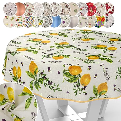Tischdecke aus Stoff Textil abwaschbar Tischwäsche Tischtuch Baumwolle Polyester Lemon Rund 100cm In-/Outdoor Tischdecke von ANRO