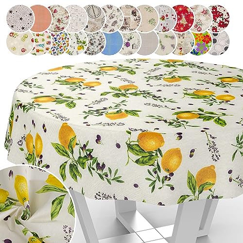 Tischdecke aus Stoff Textil abwaschbar Tischwäsche Tischtuch Baumwolle Polyester Lemon Rund 140cm In-/Outdoor Tischdecke von ANRO