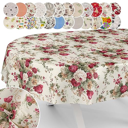 Tischdecke aus Stoff Textil abwaschbar Tischwäsche Tischtuch Baumwolle Polyester Roses Oval 220x140cm In-/Outdoor Tischdecke von ANRO
