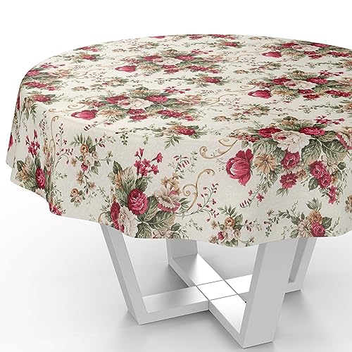 Tischdecke aus Stoff Textil abwaschbar Tischwäsche Tischtuch Baumwolle Polyester Roses Rund 140cm In-/Outdoor Tischdecke von ANRO