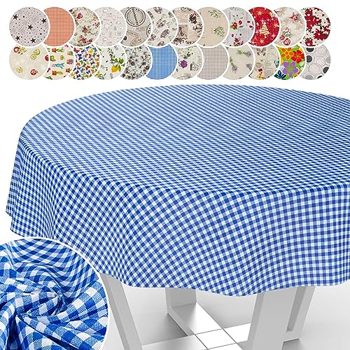 Tischdecke aus Stoff Textil abwaschbar Tischwäsche Tischtuch Baumwolle Polyester Vichy Blue Rund 140cm In-/Outdoor Tischdecke von ANRO