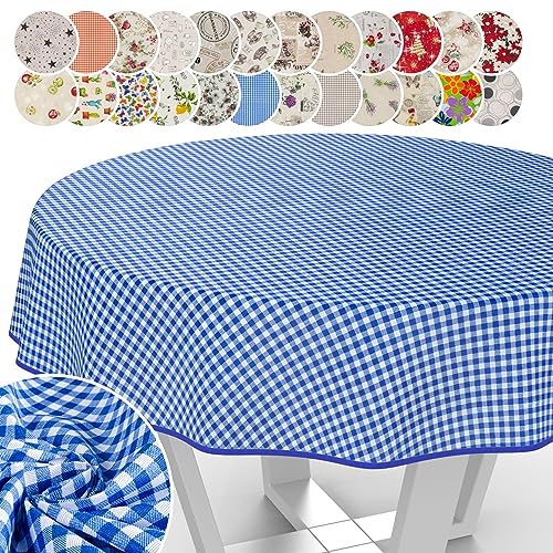 Tischdecke aus Stoff Textil abwaschbar Tischwäsche Tischtuch Baumwolle Polyester Vichy Blue Rund 140cm In-/Outdoor Tischdecke von ANRO