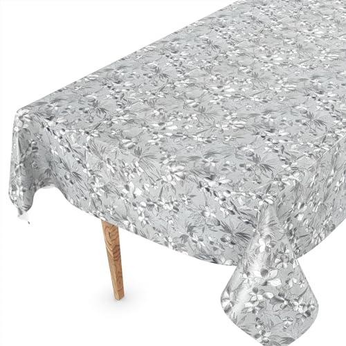 ANRO Wachstuch Tischdecke abwaschbar Wachstischdecke Plastik-Tischdecke Meterware edel glänzend eckig rund oval 240 x 140cm Schnittkante Blumen Silber von ANRO