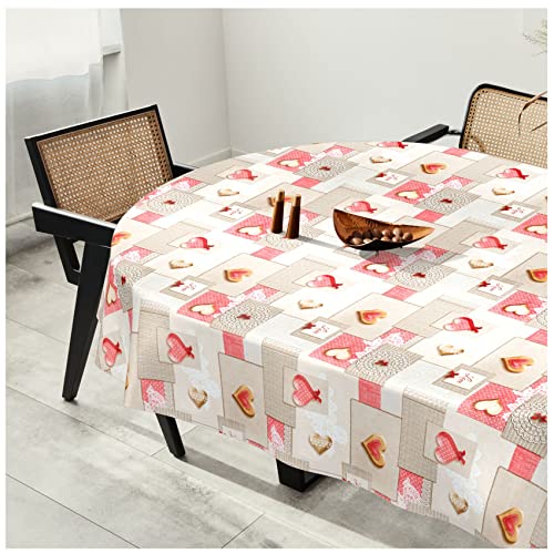 Wachstuchtischdecke Wachstuch Tischdecke abwaschbar Wachstischdecke Plastik-Tischdecken Glatt Oval 140x280cm Schnittkante Patchwork Herz Rosa Grau von ANRO