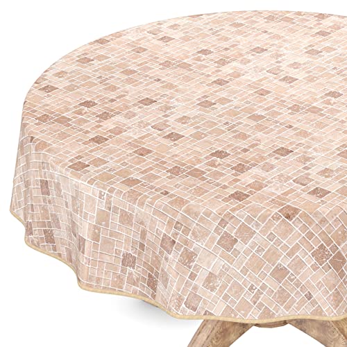 Wachstuchtischdecke Wachstuch Vinyl abwischbar Wachstischdecke Tischdecke Rund 120cm mit Saum Fliesen Beige von ANRO