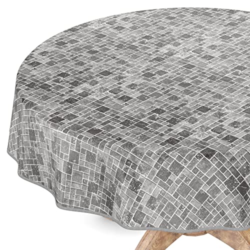 Wachstuchtischdecke Wachstuch Vinyl abwischbar Wachstischdecke Tischdecke Rund 140cm mit Saum Fliesen Anthrazit von ANRO