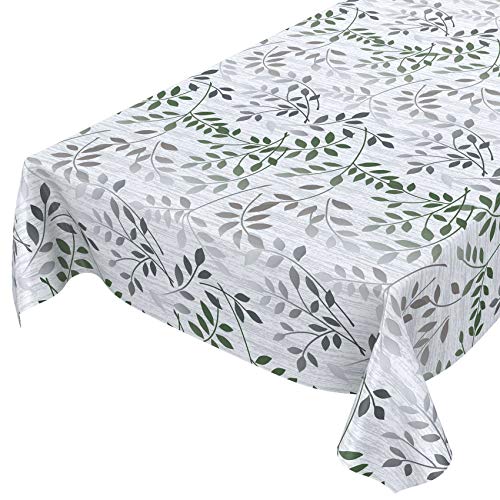 Wachstuchtischdecke abwaschbar Garten Tischdecke Wachstuch Rund Oval Eckig Indoor Outdoor Blätter Silber Grün 100x140cm von ANRO