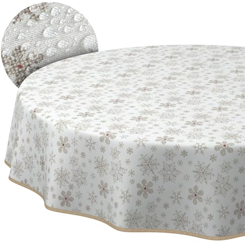 Weihnachtstischdecke Stofftischdecke Tischdecke Weihnachten abwaschbar pflegeleicht Weihnachten Schneeflocken Rund 120cm mit Saum (Eingefasst) von ANRO