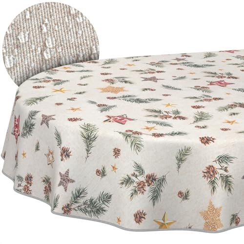 Weihnachtstischdecke Stofftischdecke Tischdecke Weihnachten abwaschbar pflegeleicht Weihnachten Stern Oval 160x140cm mit Saum (Eingefasst) von ANRO