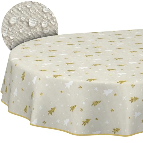 Weihnachtstischdecke Stofftischdecke Tischdecke Weihnachten abwaschbar pflegeleicht Weihnachten Weihnachtsbaum Oval 220x140cm mit Saum (Eingefasst) von ANRO