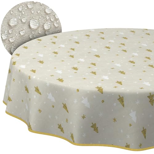 Weihnachtstischdecke Stofftischdecke Tischdecke Weihnachten abwaschbar pflegeleicht Weihnachten Weihnachtsbaum Rund 100cm mit Saum (Eingefasst) von ANRO