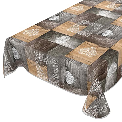 abwaschbare Tischdecke für große Tische Wachstuch Wachtuchtischdecke mit Design Holz Herz Liebe Braun 100x160cm mit Saum - Eingefasst von ANRO