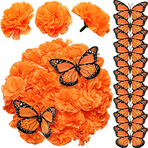 ANROI 62 Stück Fake Blum Dekorationen - 50 orange Ringelblumen Blütenköpfe für Diwali Heimdekoration，12 Monarch Schmetterling Dekorationen für DIY Girlande Handwerk Halloween Weihnachten Neujahr von ANROI