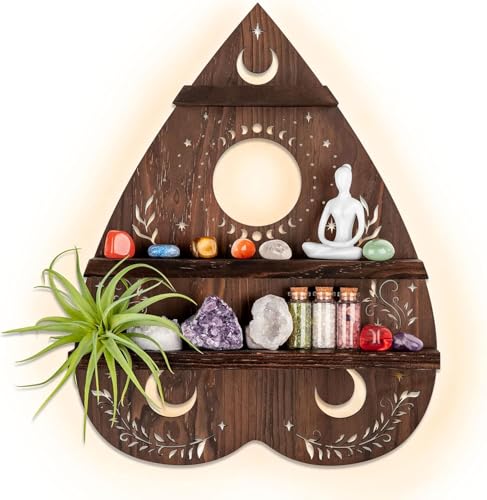 Planchette Boho Wandregal mit Licht, Ouija Vintage heidnisches Edelstein-Display Kunst Dekor, dunkler Wicca-Holzstein-Halter, ästhetisches Yoga, Wicca-Raum von ANROYE