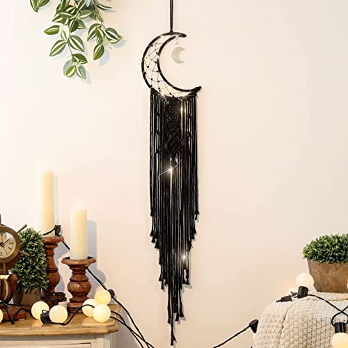 Schwarzer Makramee-Mond-Traumfänger, Hexe Halbmondphase, gewebter Wandbehang mit langer Quaste, handgefertigt, Schlafzimmer, Geschenk für Mädchen und Kinder von ANROYE