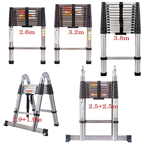 2,6M Teleskopleiter, Mehrzweckleiter ‎Edelstahl, 150 kg/330 Pfund Belastbarkeit, Ausziehbar Aluleiter, Ausziehleiter Mehrzweckleiter für Dachboden/Kletterdach, EN131-zertifizierte von ANSIMIDA