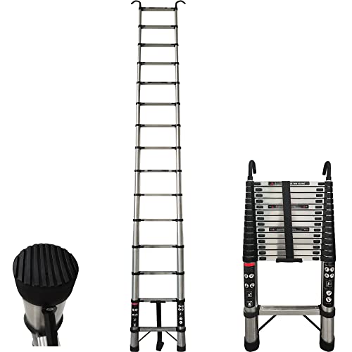 4,4M Teleskopleiter Klappleiter mit 2 Haken Ausziehbare Leiter Teleskop-Design ‎Edelstahl Ausziehleiter 150 kg Belastbarkeit EN131-zertifizierte, 14 Sprosse von ANSIMIDA