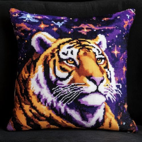 ANSIWEIGO DIY Knüpfkissen-Set Latch Hook Kit Sofa Cushion Cover,Stickset Erwachsene 17x17 Zoll(Sternenhimmel Und Tiger) von ANSIWEIGO