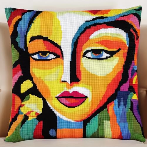 ANSIWEIGO Knüpfhaken Kissen Kits für Kinder,DIY Knüpfteppich Zum Selber Knüpf-Sets Kissenbezug Teppich Stickerei Set,Latch Hook Kits 43x43cm,Abstraktes Gesicht von ANSIWEIGO