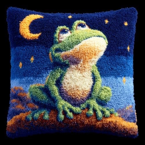 ANSIWEIGO Knüpfhaken Kissen Kits für Kinder oder Anfänger Erwachsene,Cartoon-Frosch,Knüpfteppich Zum Selber Knüpf-Sets Kissenbezug Teppich Stickerei Set DIY Latch Hook Cushion 43x43cm von ANSIWEIGO