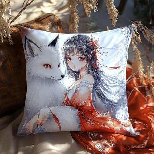 Knüpfkissen 43x43 cm – DIY Kissen Set zum Selber Knüpfen für Anfänger & Erwachsene, mit bedruckter Leinwand & Knüpfhaken,Anime Fuchs und Mädchen von ANSIWEIGO