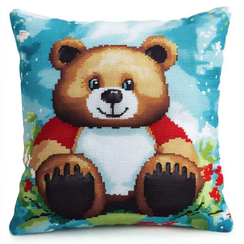 ANSIWEIGO Knüpfkissen Set Für Anfänger Erwachsene Oder Kinder Zum Selber Knüpfen,Diy Knüpfteppich Knüpfpackung,43x43 cm,Niedlicher Cartoon-Bär von ANSIWEIGO